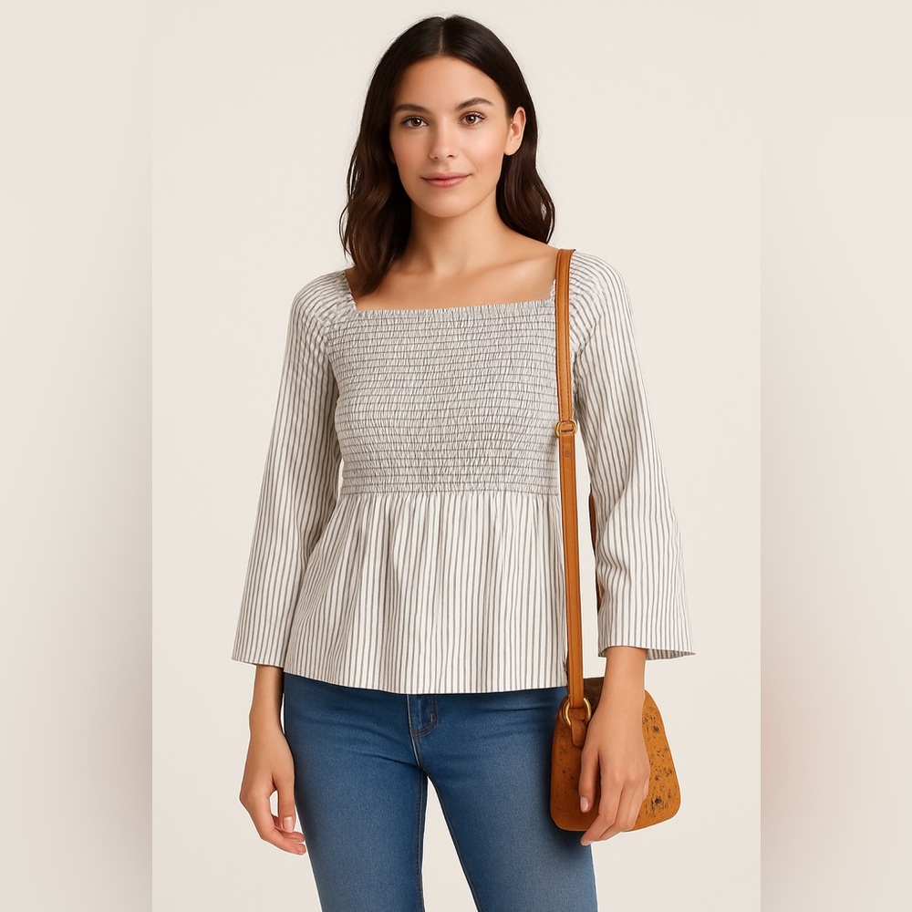 LOFT Striped Smocked Peplum Blouse Women’s Size‎ Small Long Sleeve Top